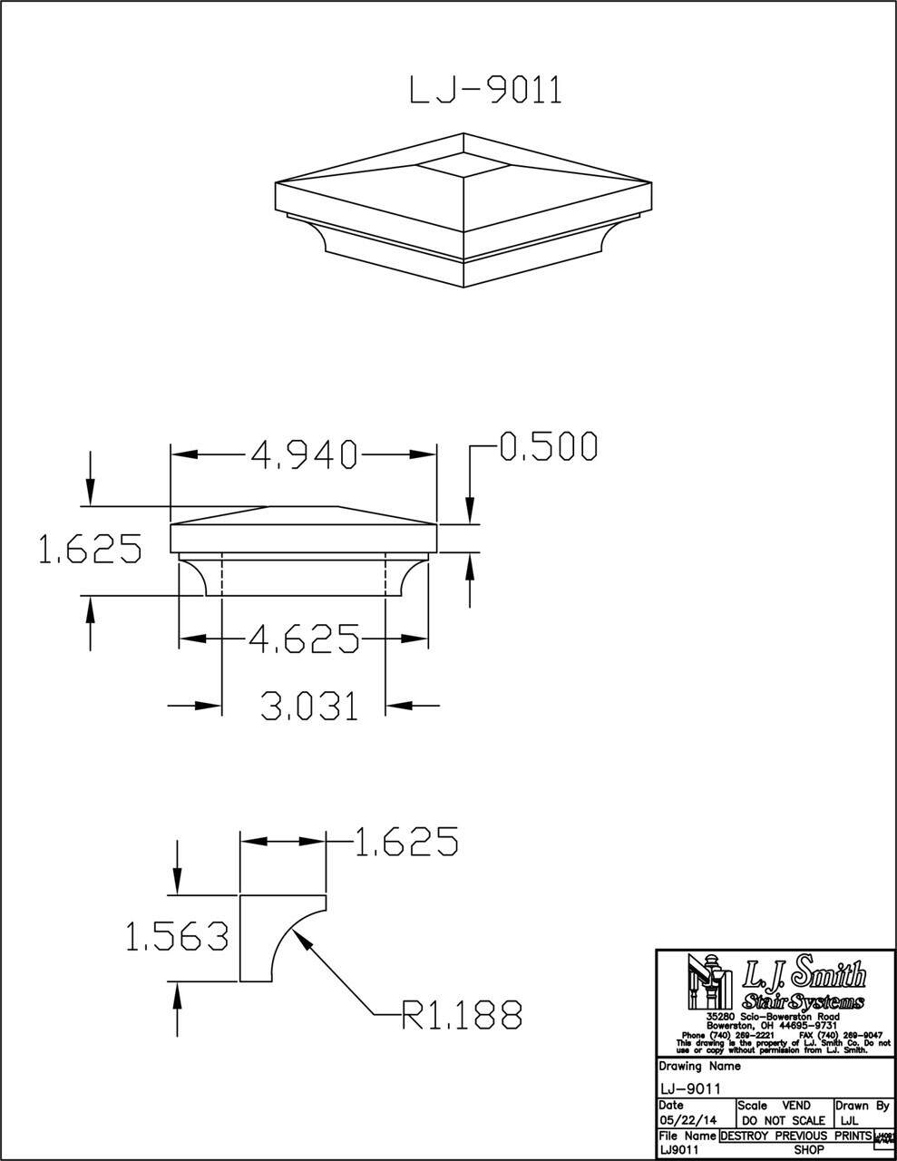 LJ-9011 — Box Newel Cap for 3" Newels