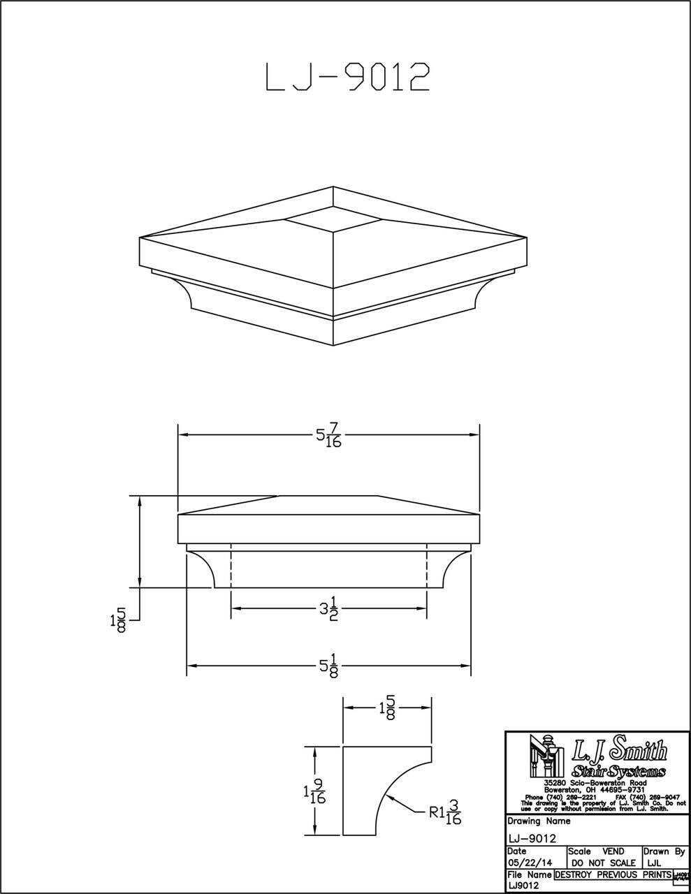 LJ-9012 — Box Newel Cap for 3-1/2" Newels