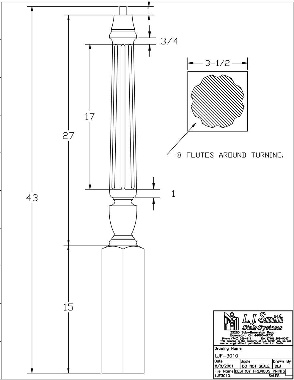 LJF-3010-44 - Regent Pin Top Fluted Newel - 3-1/2" Square x 44"