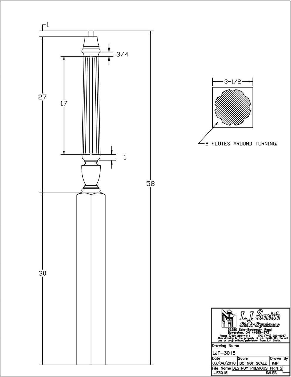 LJF-3015-58 - Sheraton Pin Top Fluted Newel - 3-1/2" Square x 58"