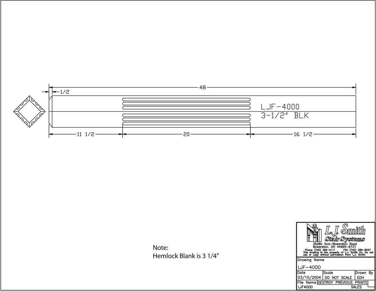 LJF-4000/4001 - Solid Fluted Craftsman Newel - 3-1/2" Square w/ Chamfered Top