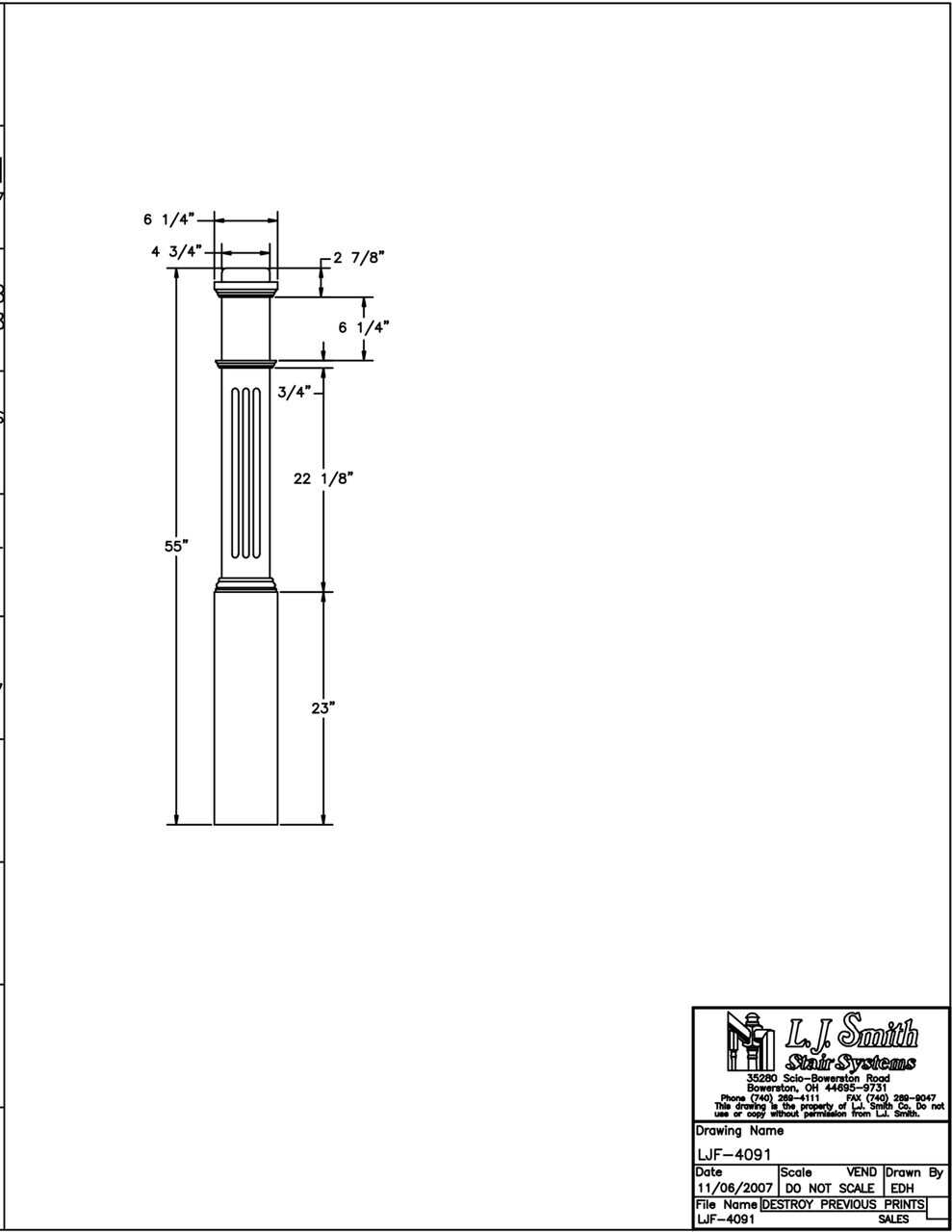 LJF-4091 — Fluted Panel Traditional Box Newel 6-1/4" Square x 55"