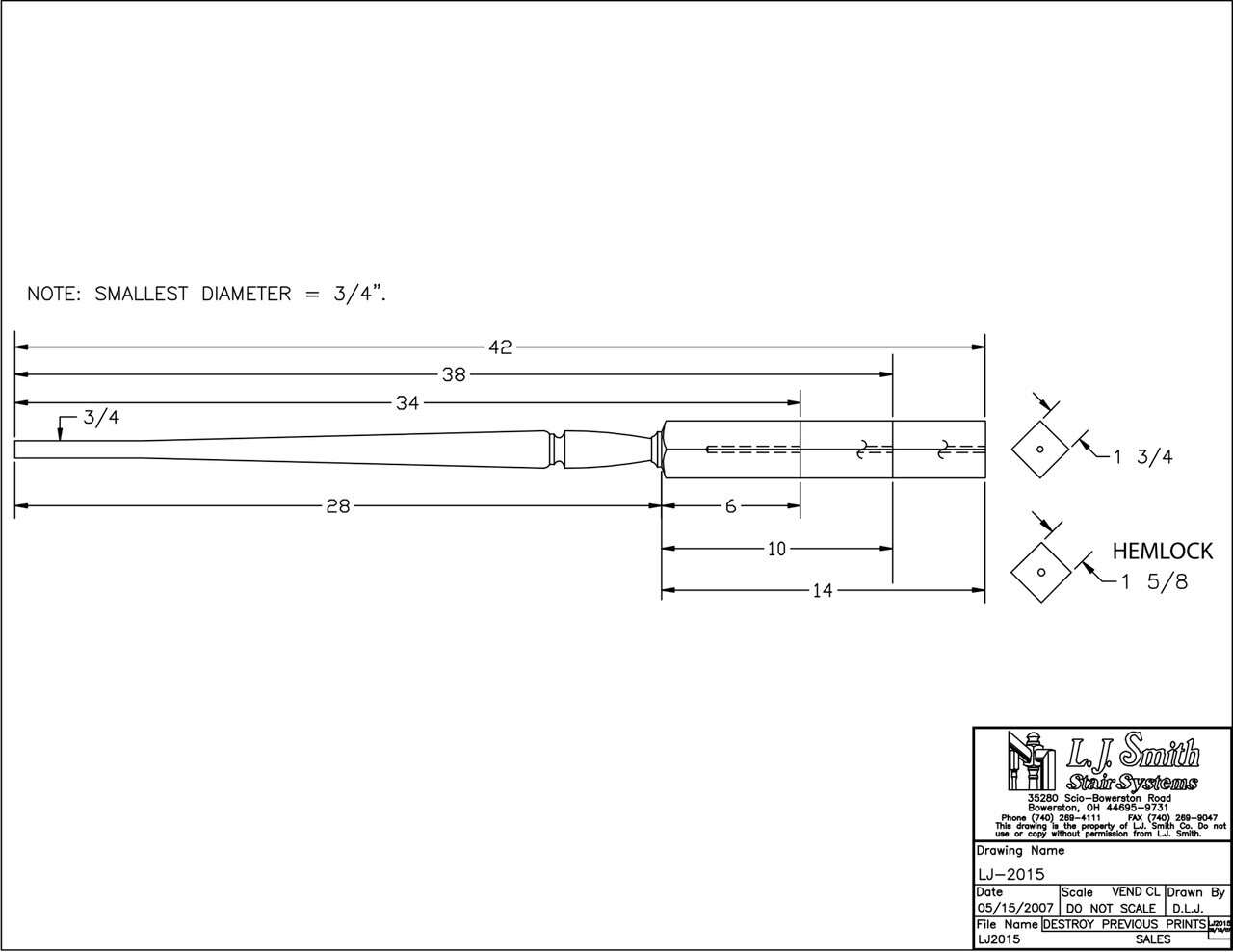 LJP-2015 - Regent Pin Top Baluster - 1-3/4" Square - 28" Fixed Turning Length - Variable Bottom Block