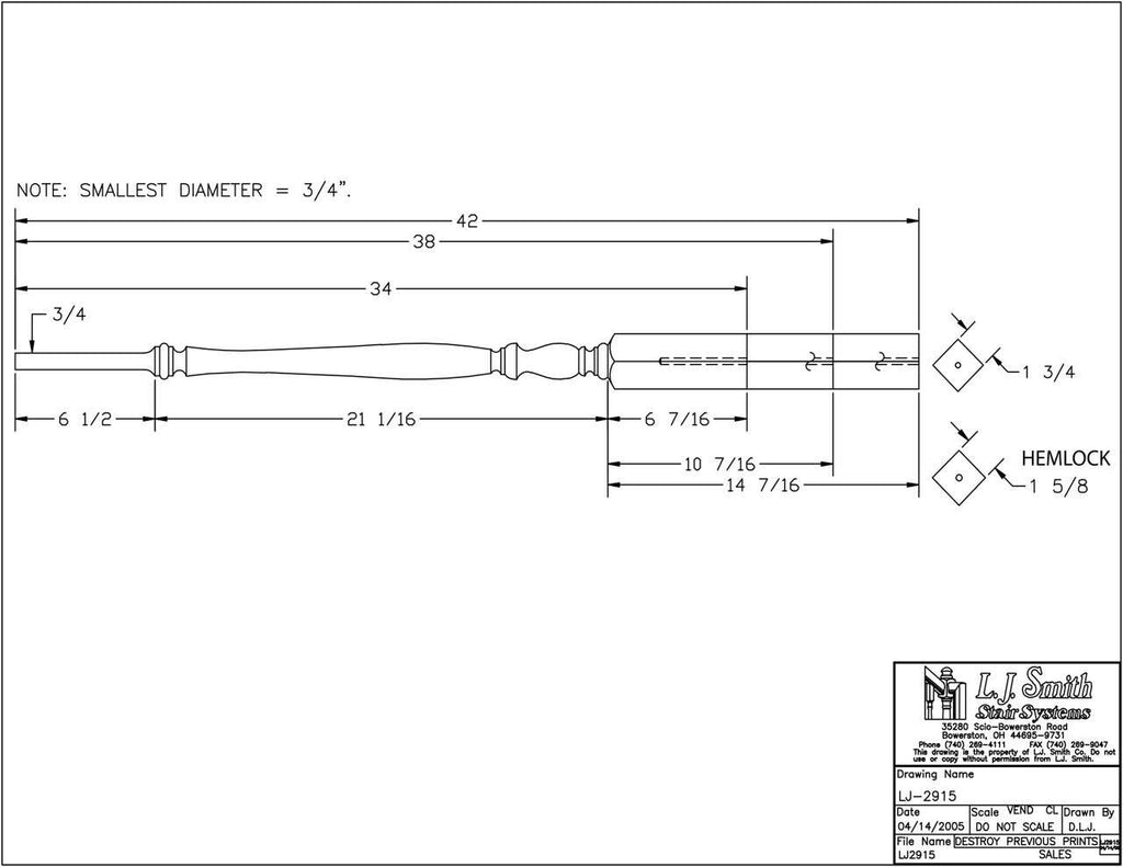 LJP-2915 - Bristol Pin Top Baluster - 1-3/4" Square