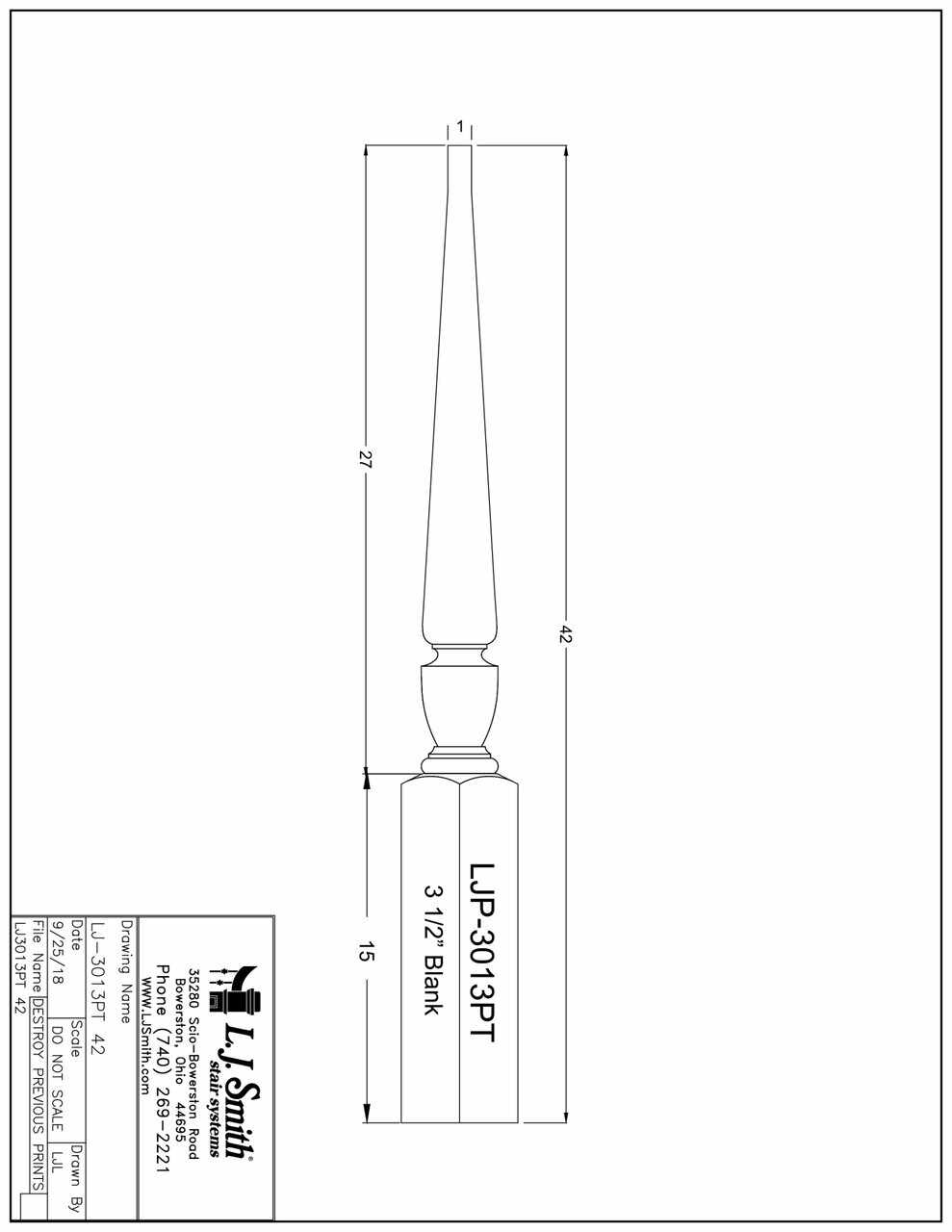 LJP-3013PT-42 - Regent Pin Top Newel - 3-1/2" Square  x 48"