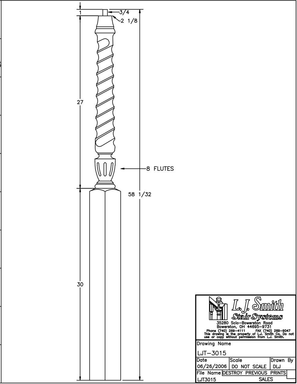 LJT-3015-58 - Sheraton Pin Top Twist Newel - 3-1/2" Square x 58"