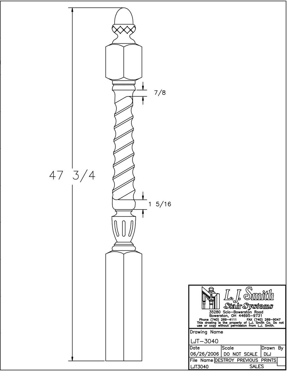 LJT-3040-48 - Sheraton Acorn Top Twist Newel - 3-1/2" Square x 48"