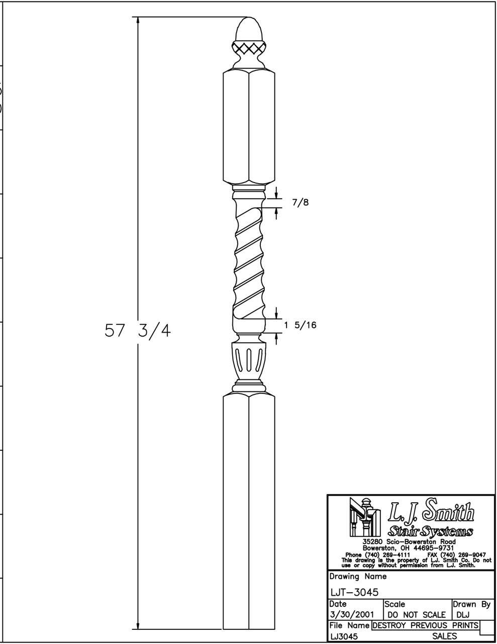 LJT-3045-58 - Sheraton Acorn Top Twist Newel - 3-1/2" Square x 58"