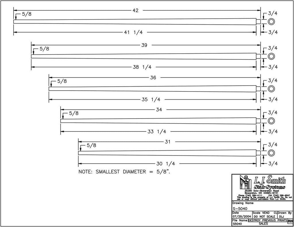 S-5040 - "Pool Cue" Round Pin Top Tapered Baluster - 1-1/8” Round at Base