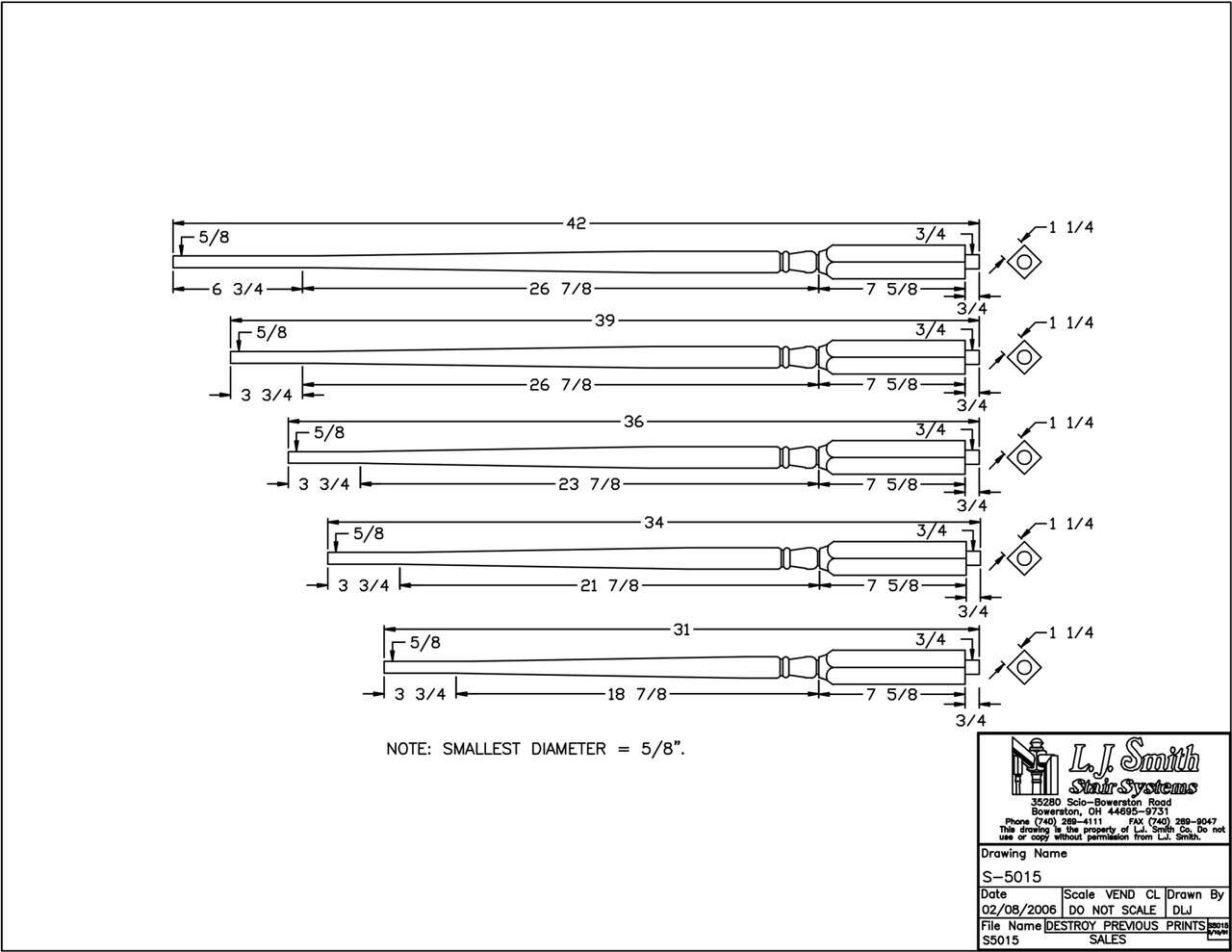 S-5015  - Cornerstone Pin Top Baluster - 1-1/4" Square - Fixed Bottom Block