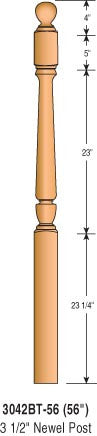 3042BT-56 - Sheraton Ball Top Newel - 3-1/2" Square x 56"