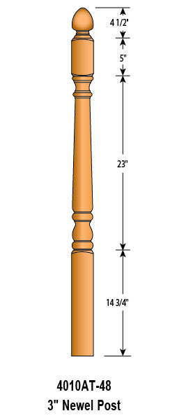 4010AT-48 - Colonial Acorn Top Newel - 3" Square x 48"