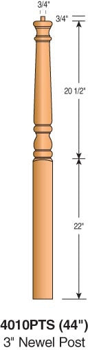 4010PTS-44 - Colonial Pin Top Short Turning Newel - 3" Square x 44"