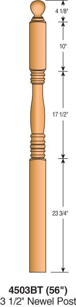 4503BT-56 - Hampton Ball Top Newel - 3-1/2" Square x 56"