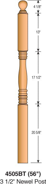 4505BT-56 - Hampton Ball Top Newel - 3-1/2" Square x 56"