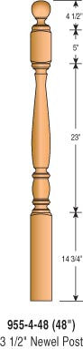 955-4BT-48 - Classic Ball Top Newel - 3-1/2" Square x 48"